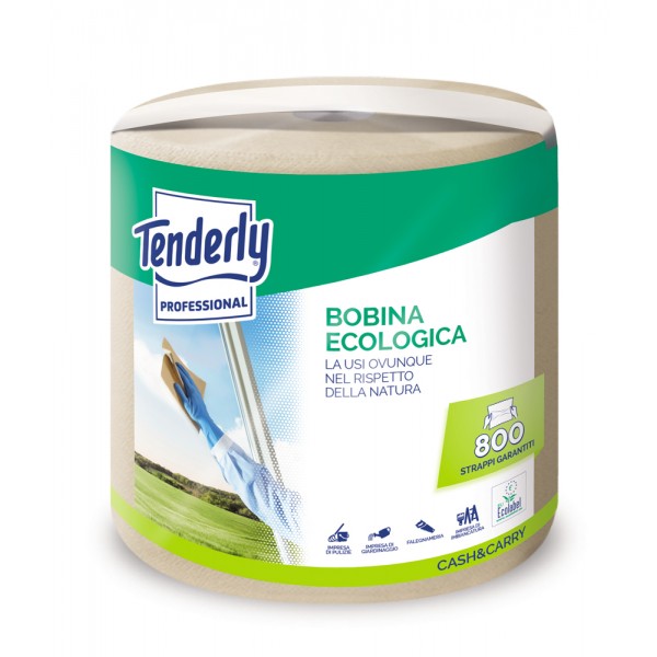 TENDERLY bobina industriale ecologica 180m, 800 strappi in fiberpack, goffratura micro, 2 veli