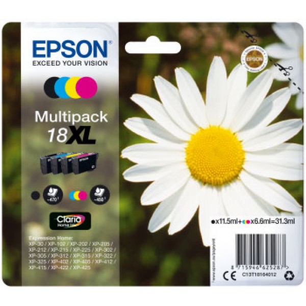 Epson Cartuccia Originale Multipack 18XL C13T18164012 Nero Ciano Magenta e Giallo