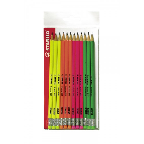 Matita STABILO in grafite con fusto esagonale con gommino - HB - Assortiti fluo - 12pz