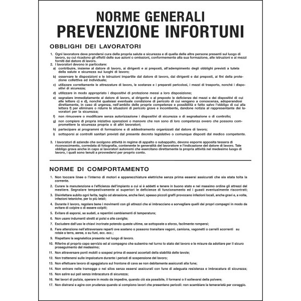Cartello "norme generali prevenzione infortuni"