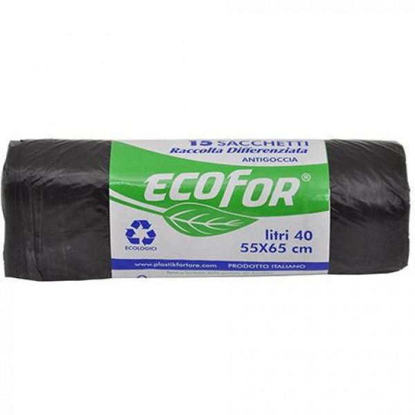 MULTIBRAND sacchi ECOFOR per rifiuti 55x65cm da 40litri, antigoccia, 15 strappi