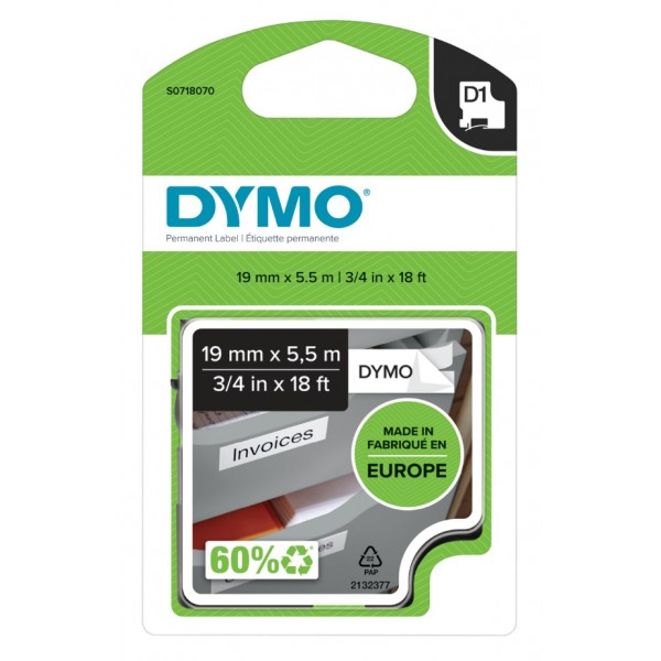 Dymo s0718070 nastro d1 nero/bianco 19mm x 5,5m colore nero su bianco