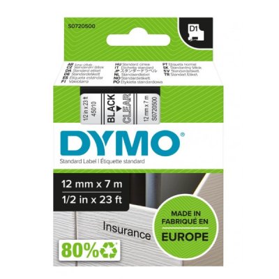 Dymo s0720500 nastro d1 nero/trasparente 12mm x 7m colore nero su trasparente