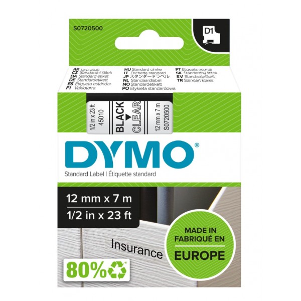 Dymo s0720500 nastro d1 nero/trasparente 12mm x 7m colore nero su trasparente
