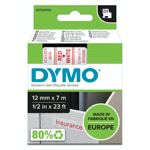 Dymo s0720550 nastro d1 rosso/bianco 12mm x 7m colore rosso su bianco