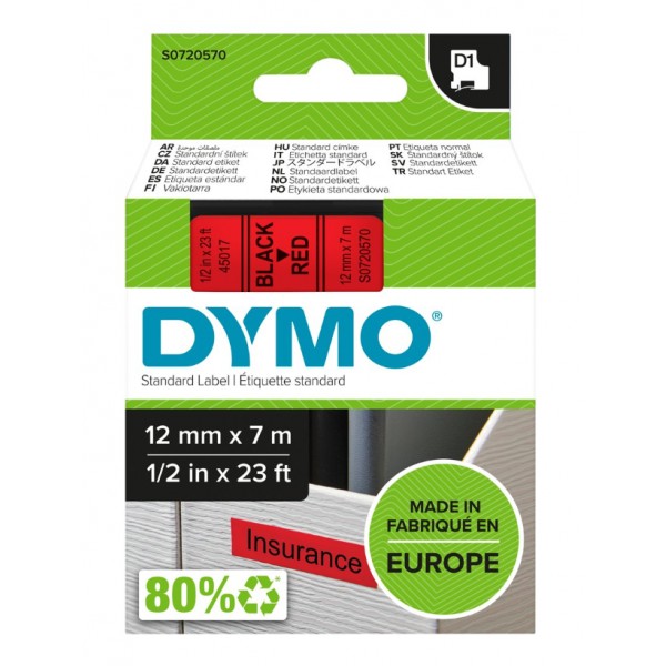 Dymo s0720570 nastro d1 nero/rosso 12mm x 7m colore nero su rosso