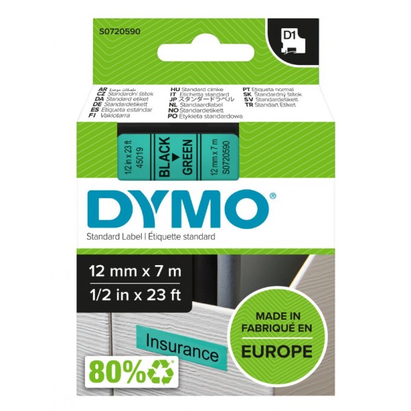 Dymo s0720590 nastro d1 nero/verde 12mm x 7m colore nero su verde