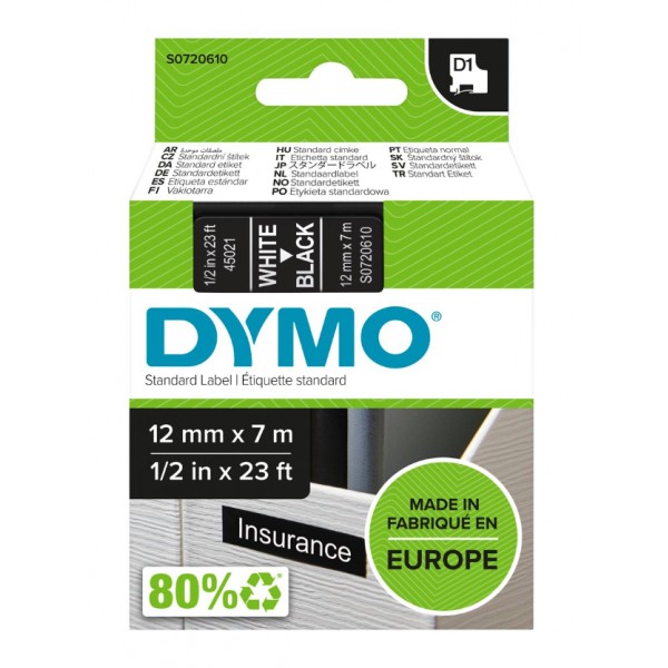 Dymo s0720610 nastro d1 bianco/nero 12mm x 7m colore bianco su nero