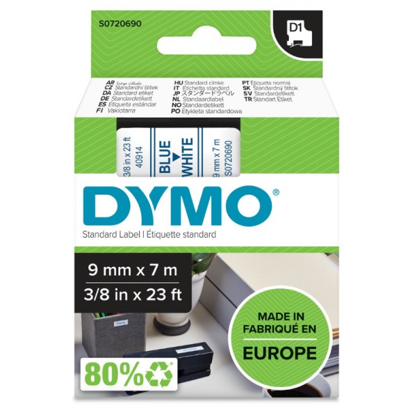 Dymo s0720690 nastro d1 blu/bianco 9mm x 7m colore blu su bianco