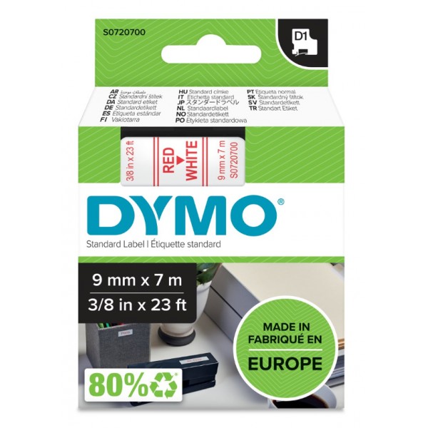 Dymo s0720700 nastro d1 rosso/bianco 9mm x 7m colore rosso su bianco