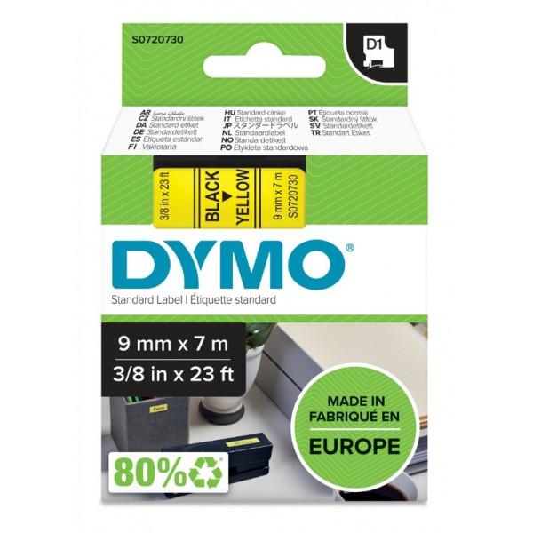 Dymo s0720730 nastro d1 nero/giallo 9mm x 7m colore nero su giallo