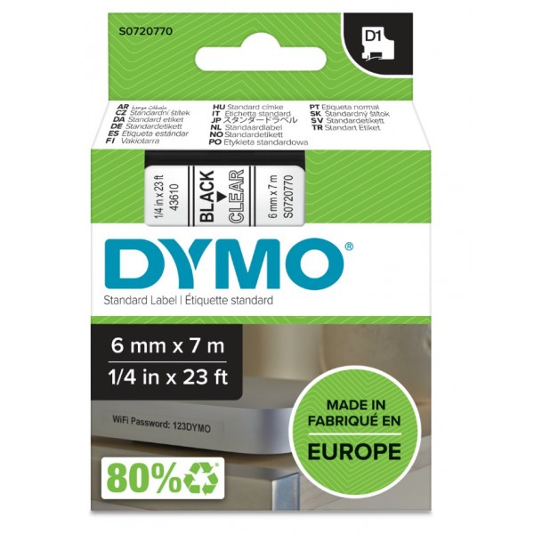 Dymo s0720770 nastro d1 nero/trasparente 6mm x 7m colore nero su trasparente