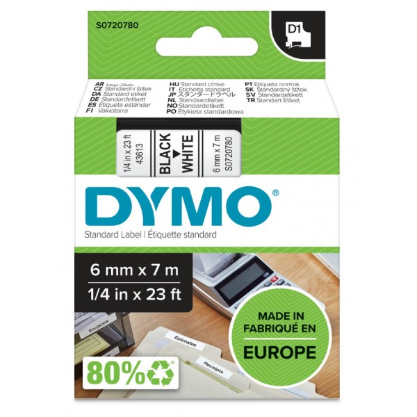 Dymo s0720780 nastro d1 nero/bianco 6mm x 7m colore nero su bianco