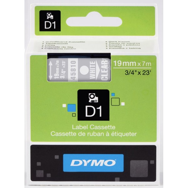 Dymo s0720900 nastro d1 bianco/trasparente 19mm x 7m colore bianco su trasparente