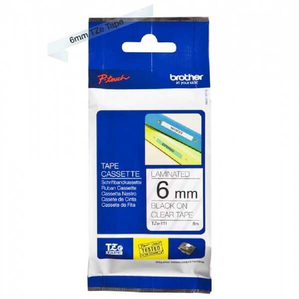 Brother tze-111 nastro nero/trasparente 6mm x 8m colore nero su trasparente