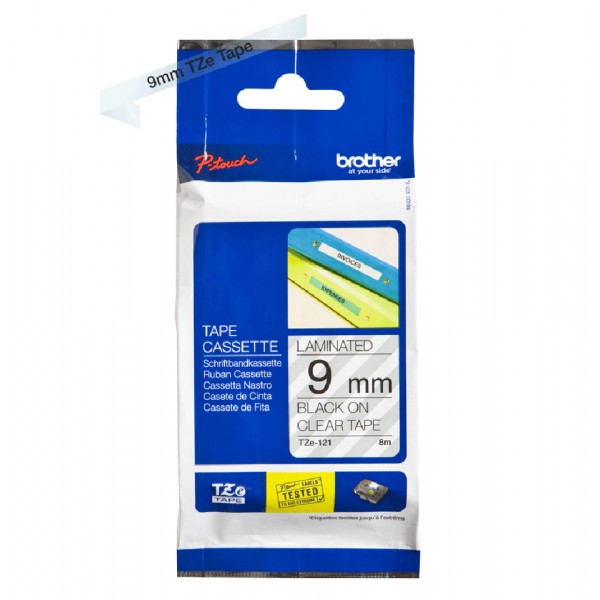 Brother tze-121 nastro nero/trasparente 9mm x 8m colore nero su trasparente
