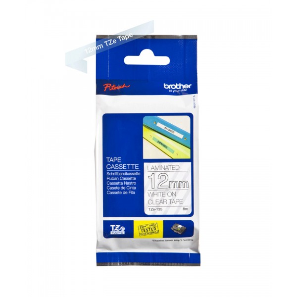 Brother tze-135 nastro bianco/trasparente 12mm x 8m colore bianco su trasparente