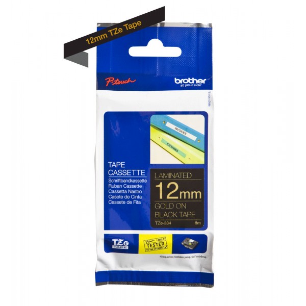Brother tze-334 nastro oro/nero 12mm x 8m colore oro su nero