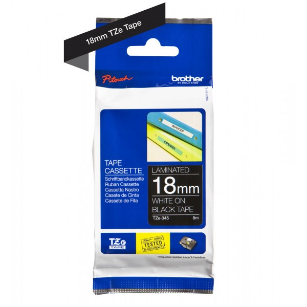 Brother tze-345 nastro bianco/nero 18mm x 8m colore bianco su nero