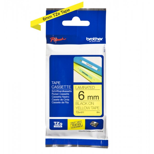 Brother tze-611 nastro nero/giallo 6mm x 8m colore nero su giallo
