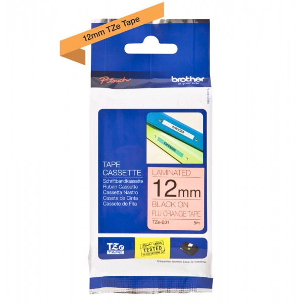 Brother tze-b31 nastro nero/arancione fluo 12mm x 5m colore nero su arancione fluo