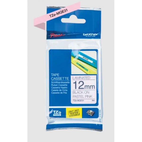Brother tze-mqe31 nastro nero/rosa pastello 12mm x 4m colore nero su rosa pastello colore nero su rosa