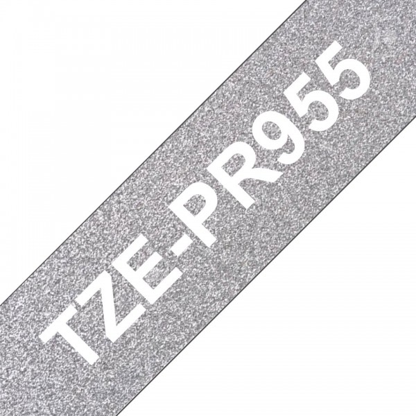 Brother tze-pr955 nastro laminato bianco/argento glitter 24mm x 8m colore bianco su argento glitter