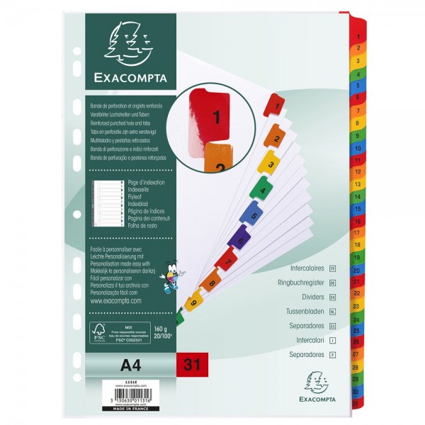 Intercalari plastificati 31 tasti 31-1, col. assortiti colore assortiti grammatura 160gr