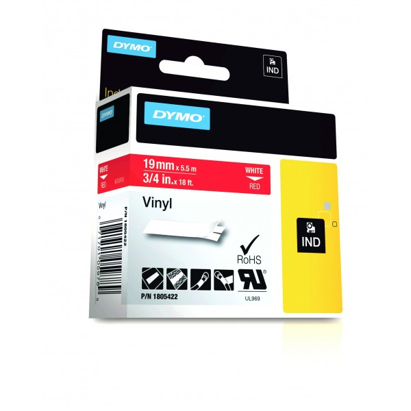 Dymo 1805422 nastro rhino bianco/rosso 19mm x 5.5m colore bianco su rosso