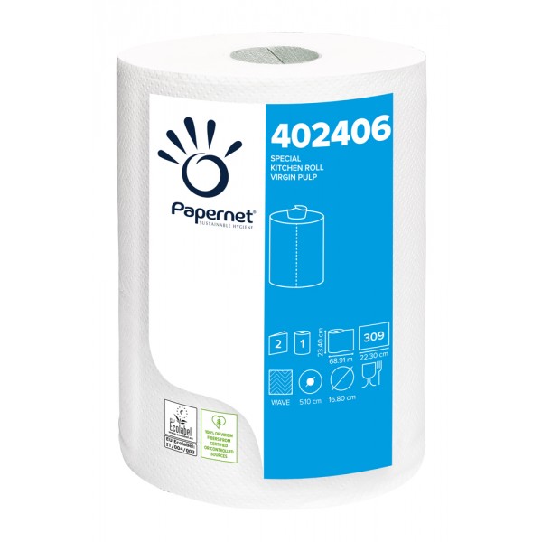 PAPERNET asciugatutto 68, 91m da 309 strappi in pura cellulosa, goffratura wave, 2 veli