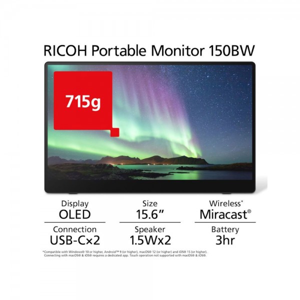 Ricoh monitor portatile 150bw 15.6" colore nero