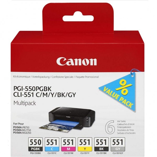 Cartucce Multipack Canon PGI-550 Nero + CLI-551 6496B005 Nero, Ciano, Magenta, Giallo e Grigio originale