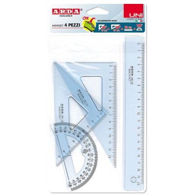 Set uni: 2 squadre, 1 riga 20cm, 1 goniometro 180° colore azzurro trasparente